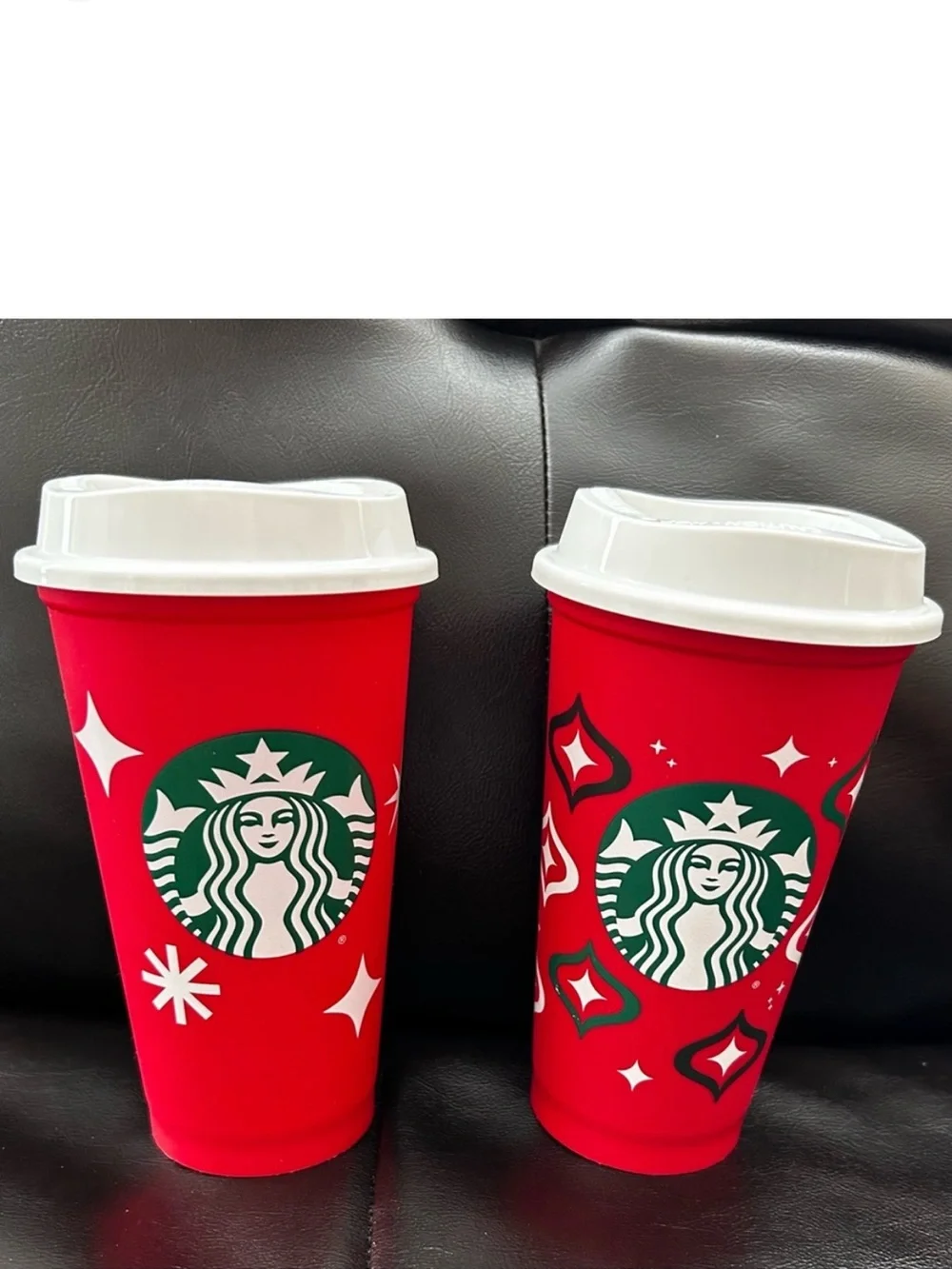Set of 2 New Starbucks Reusable Red Holiday Plastic Cups Christmas Designs